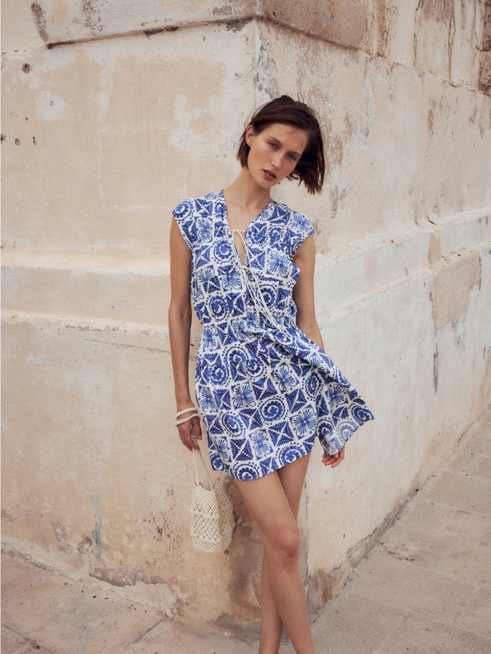 H&M Blue & White Printed Short Wrap Dress
